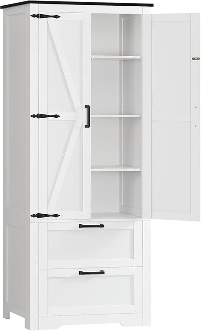 TEENFON 66.1" H Storage Cabinet with 2 Drawers, Farmhouse Kitchen Pantry Cabinet with 2 Doors & Adjustable Shelf, Bathroom Cabinet, for Living Room, Kitchen, Bathroom, White