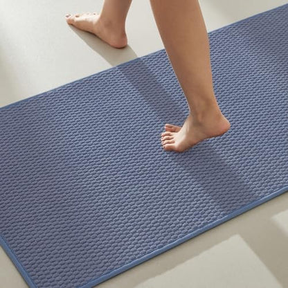 TYUU Bathroom Rugs Non Slip Washable, Super Absorbent Thin Bath Mat Quick Dry Low Pile Bathroom Rug, Denim Blue 20"x48"