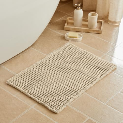 Triohero Waffle Bath Mat, Small Boho Bathroom Rugs, 16x24 Pale Beige