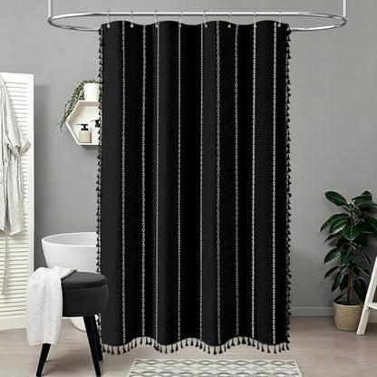 BTTN 54 x 72 Boho Linen Heavy Duty Cloth Shower Curtain Set, Black White