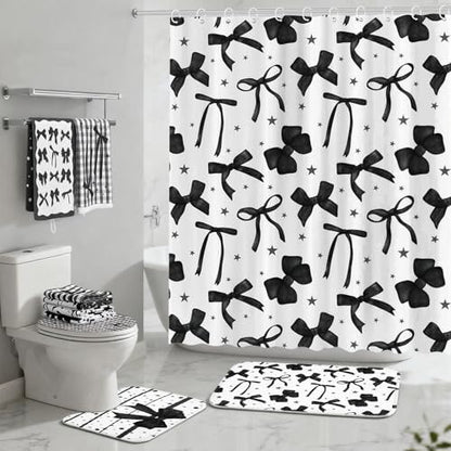 FuWeave 8 Pcs Black Shower Curtain Set Aesthetic Bow Knot Bathroom Decor Pretty Coquette Waterproof Shower Curtain Modern Minimalist Towels Non Slip Rug Toilet Lid Cover Bath Mat with 12 Hooks