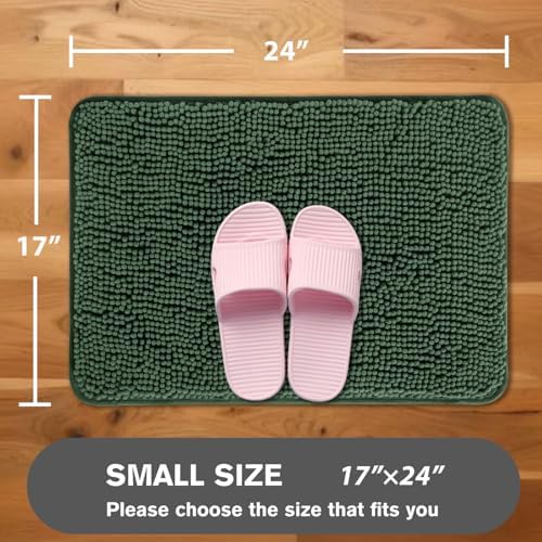 Hunter Green Bathroom Rugs – Absorbent and Washable Bath Mat, Non-Slip, Thick Soft Chenille Bath Rugs for Bathroom Floor, Shower, Sink - 17" x 24"