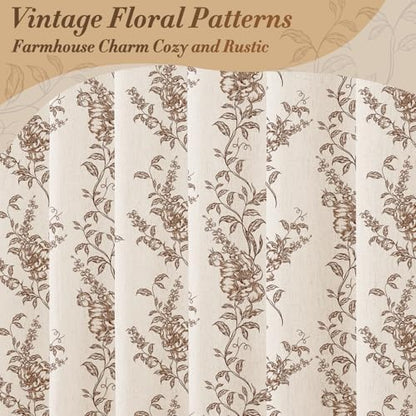Brown Linen Farmhouse Shower Curtain, Boho Floral Bathroom 72x84