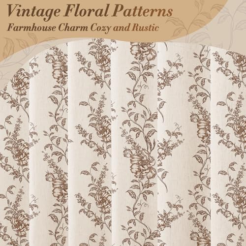 Brown Linen Farmhouse Shower Curtain, Boho Floral Bathroom 72x72