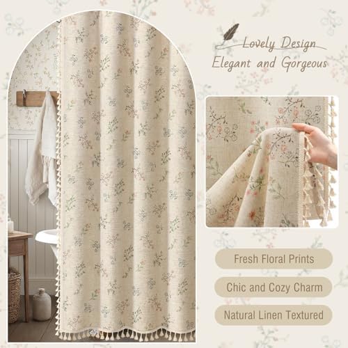 Floral Farmhouse Vintage Linen Shower Curtain with Tassel 72Wx78H