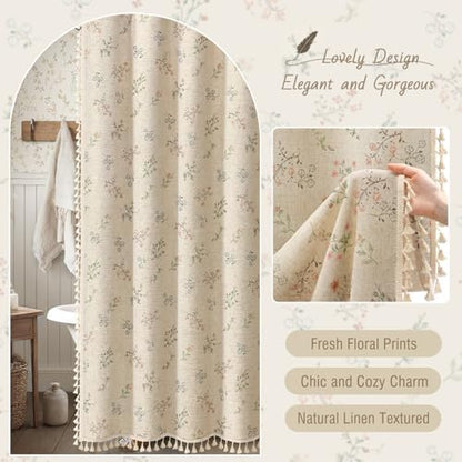 Floral Farmhouse Vintage Linen Shower Curtain with Tassel 60Wx72H