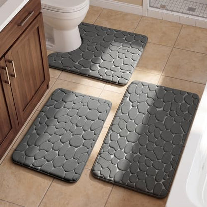 YIHOUSE Bathroom Rugs Mat Set, Memory Foam Bath Mat 3 Piece Dark Grey
