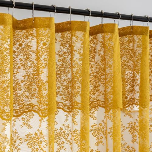 TUDECO Lace Mustard Yellow Shower Curtain with Valance, 72x72 Inch, 1 Panel