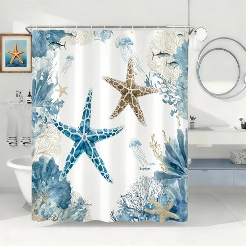 Blue Beach Shower Curtain for Bathroom, Ocean Coastal Theme, 72x84 In