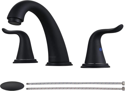 WOWOW Widespread Bathroom Faucet - 3 Hole, Black, 8 Inch Center, Double Handle, High Arc, Lavatory Basin Faucet with Pop Up Drain Assembly