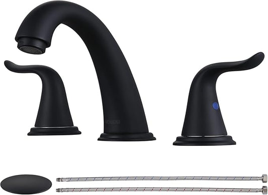WOWOW Widespread Bathroom Faucet - 3 Hole, Black, 8 Inch Center, Double Handle, High Arc, Lavatory Basin Faucet with Pop Up Drain Assembly