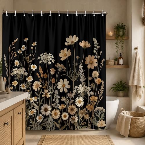 Black Floral Shower Curtain, Dark Daisy Wildflower Botanical Shower Curtain For Bathroom, Vintage Rustic Farmhouse Beige Flower Plant Fabric Cottagecore Boho Bath Curtain with 12 PCS Hooks 72X72 Inch