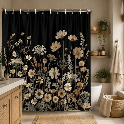 Black Floral Shower Curtain, Dark Daisy Wildflower Botanical Shower Curtain For Bathroom, Vintage Rustic Farmhouse Beige Flower Plant Fabric Cottagecore Boho Bath Curtain with 12 PCS Hooks 72X72 Inch