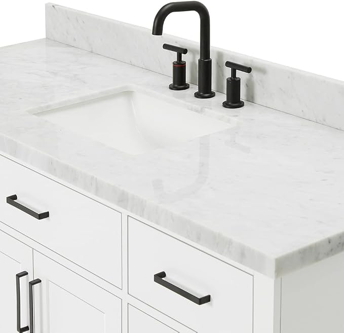 ARIEL Hepburn 60-inch Bathroom Vanity with Sink,Solid Wood, 1.5-inch Italian Carrara Marble Countertop, Single Rectangular Porcelain Sink, 2 Soft Closing Doors, 9 Dovetail Drawers, White