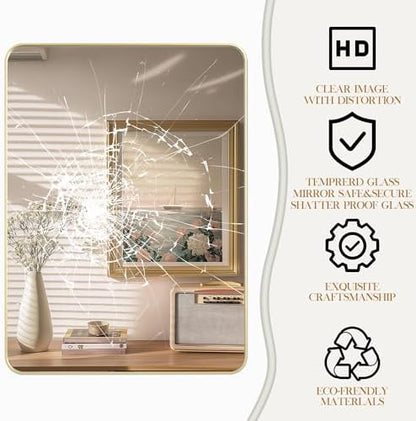 Fun Memories Gold Bathroom Mirror 30x36 Inch Bathroom Vanity, Metal Black Frame Large Mirror, Modern Wall Mirror for Bathroom, Tempered Glass, Farmhouse, Horizontally or Vertically