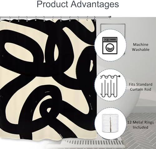 Abstract Black Beige Shower Curtain 60Wx72L Inch Modern Minimalist Contemporary Geometric Line Neutral Simple Bathroom Set Accessories Decor with 12 Pack