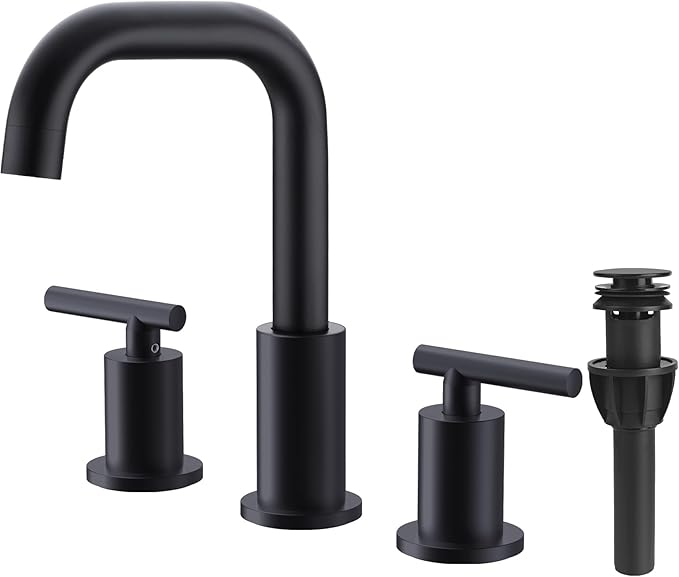 TRUSTMI 2-Handle 8 Inch Widespread Bathroom Sink Faucet, 3 Hole Brass Bathroom Faucet with cUPC Water Supply Lines and Pop Up Drain Assembly, Matte Black