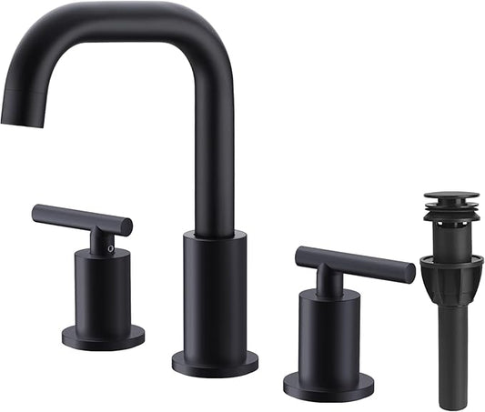 TRUSTMI 2-Handle 8 Inch Widespread Bathroom Sink Faucet, 3 Hole Brass Bathroom Faucet with cUPC Water Supply Lines and Pop Up Drain Assembly, Matte Black