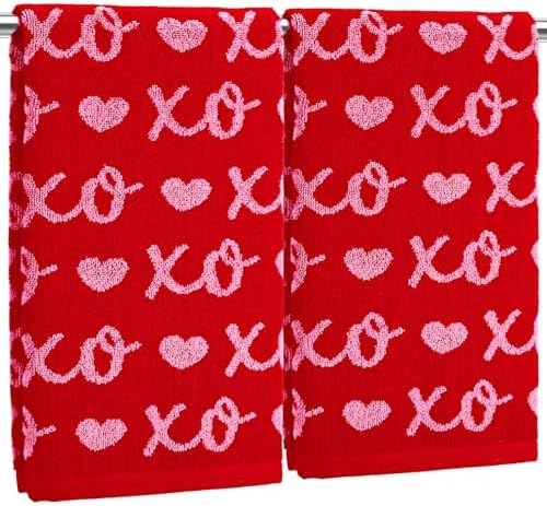 Whaline Valentine's Day Hand Towels Cotton Bathroom Towel Red Pink Heart Decorative Absorbent Bath Towel for Kitchen Dish Drying Cleaning Cooking Wedding, 29.5 x 13.4 Inch, 2Pcs