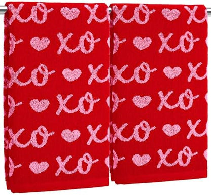 Whaline Valentine's Day Hand Towels Cotton Bathroom Towel Red Pink Heart Decorative Absorbent Bath Towel for Kitchen Dish Drying Cleaning Cooking Wedding, 29.5 x 13.4 Inch, 2Pcs
