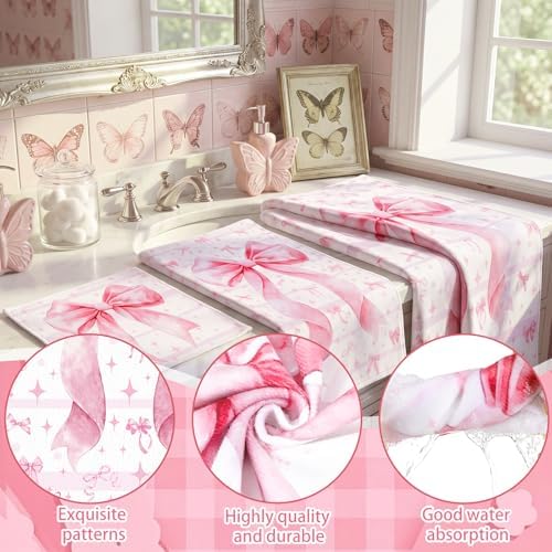 Moukeren Set of 3 Pink Bow Bath Towels, Decorative Towels for Bathroom
