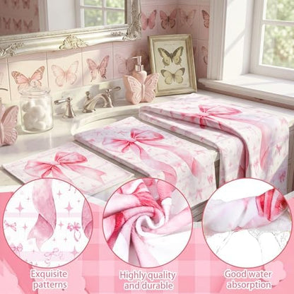 Moukeren Set of 3 Pink Bow Bath Towels, Decorative Towels for Bathroom