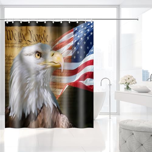 Bald Eagle American Flag Patriotic Shower Curtain with Hooks 72 x 72 Inches
