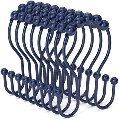 Bathway Shower Curtain Hooks, Shower Curtain Rings Rust Proof Navy Blue Double Hook Shower Curtain Hooks, 12 Pcs Shower Hooks for Shower Curtain, Shower Rings for Curtain, Metal Shower Rod Hooks