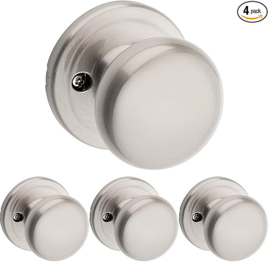 Kwikset Juno Dummy Door Knob, Single Sided Handle for Closets, French Double Doors, and Pantry, Satin Nickel Non-Turning Interior Push/Pull Door Knob, with Microban Protection (Pack of 4)