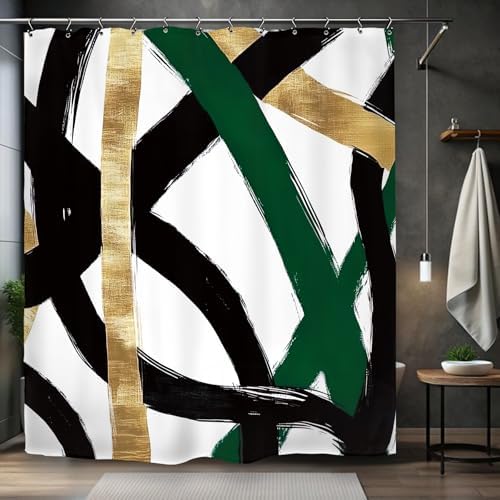 Abstract Emerald Green Black Gold Shower Curtain 72Wx84L Inch Modern Minimalist Contemporary Geometric Extra Long Bathroom Set Accessories Decor with 12 Pack Hooks