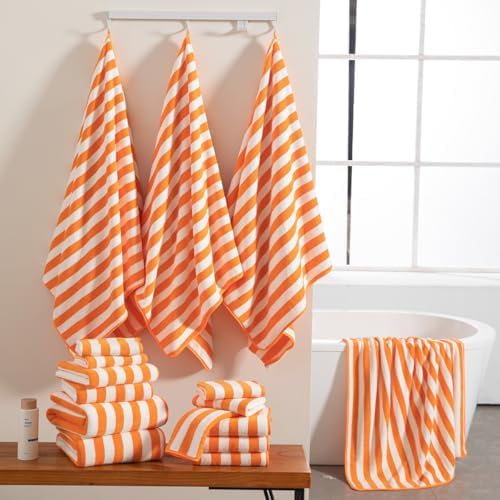 18 Pcs Orange Stripe Bath Towel Set with Hanging Loop-6 Bath Towels,6 Hand Towels,6 Washcloths Soft Family Towels Bathroom Towel Highly Absorbent Quick Dry Shower Towel for Beach Chair Spa Gym Hotel