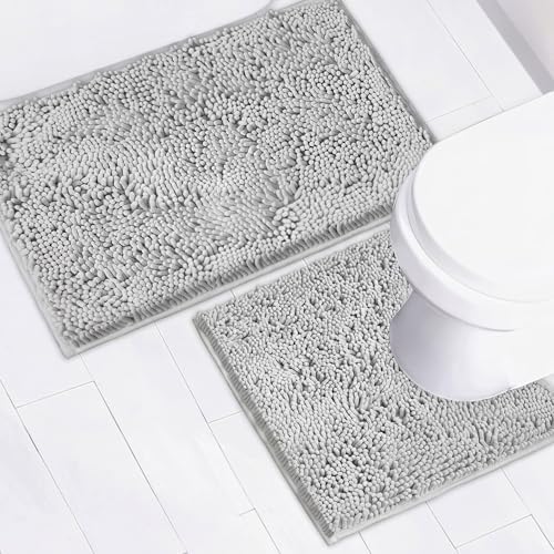 Bathroom Rugs Chenille Bath mat 2 Piece Set, Super Absorbent, Strong PVC Non Slip Backing, Bath mats for Bathroom, Plush Shaggy, Thick, Machine Washable, Bathtub, Toilet.(Light Grey)