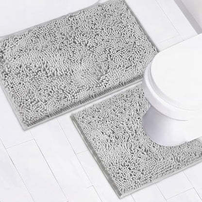 Bathroom Rugs Chenille Bath mat 2 Piece Set, Super Absorbent, Strong PVC Non Slip Backing, Bath mats for Bathroom, Plush Shaggy, Thick, Machine Washable, Bathtub, Toilet.(Light Grey)