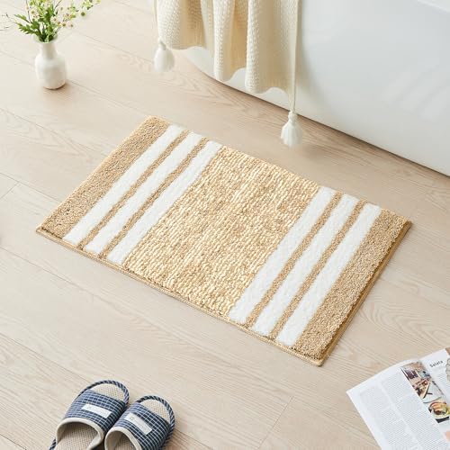 CozeCube Beige Striped 36"x24" Non Slip Washable Bath Mat