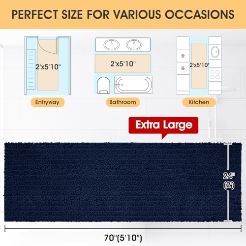 ACCUMTEK Extra Long Upgrade Luxury Navy Blue Bathroom Rug Mat 70"x24", Ultra Soft Thick Absorbent Bath Mats, Non Slip Chenille Toilet Mat for Bathroom, Bedroom, Kitchen, Shower, Tub