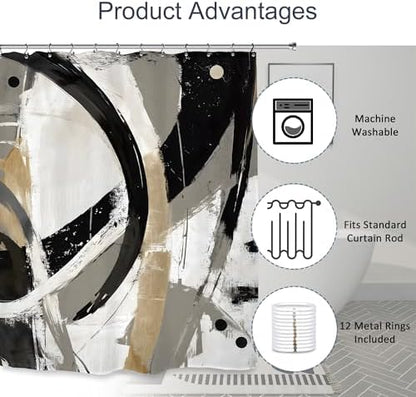 Abstract Modern Neutral Shower Curtain 60Wx72L Inch Minimalist Contemporary Art Aesthetic Bathroom Set Accessories Decor with 12 Pack Hooks