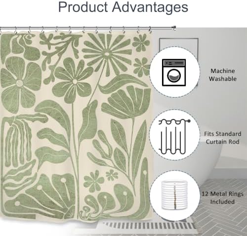 Sage Green Matisse Flower Shower Curtain 60Wx72L Inch Abstract Retro Minimalist Vintage 70s Aesthetic Bathroom Set Accessories Decor with 12 Pack Hooks
