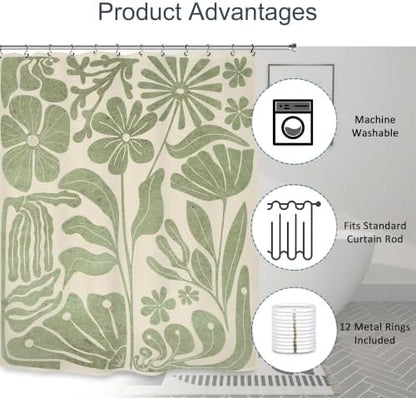 Sage Green Matisse Flower Shower Curtain 60Wx72L Inch Abstract Retro Minimalist Vintage 70s Aesthetic Bathroom Set Accessories Decor with 12 Pack Hooks