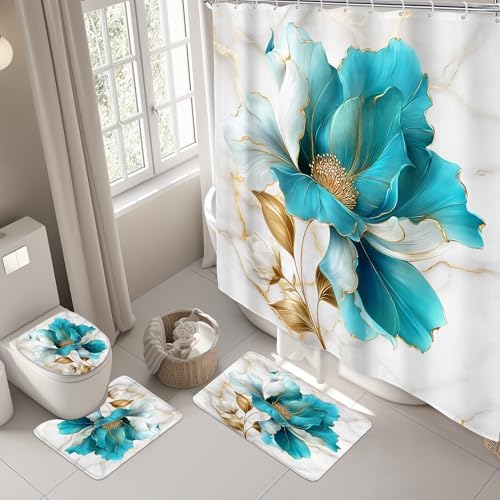 Teal Gold Marble Floral Modern 4Pcs Bathroom Shower Curtain Set with Rugs