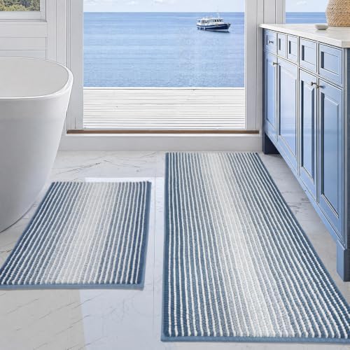 BSICPRO Bathroom Rugs Sets 2 Piece, Non Slip Striped Bath Mats, Fog Blue