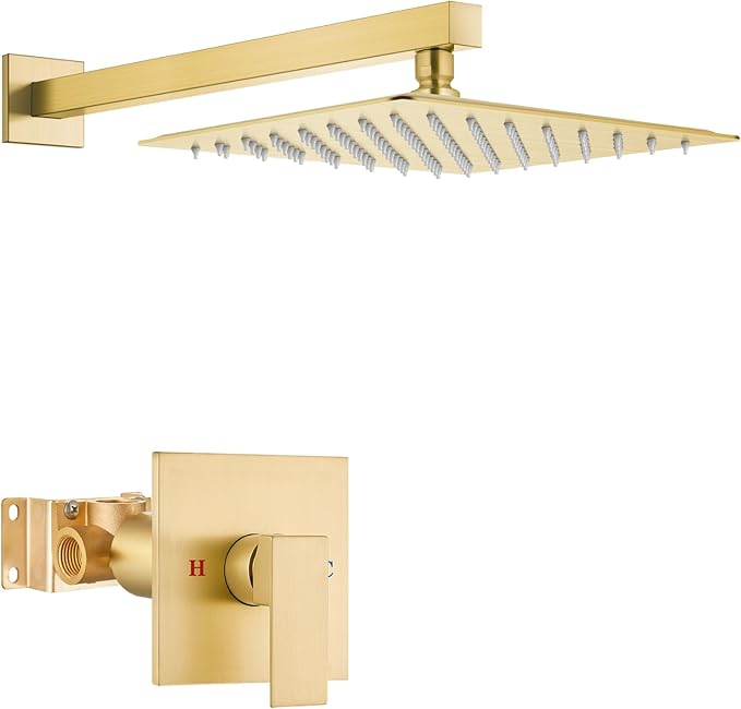Airuida 10 Inch Brushed Gold Shower Faucet Set,Shower Valve Kit | Rainfall Shower Head and Handle Set,Female Thread Rough-in Valve Shower Kit,Single Function Shower System