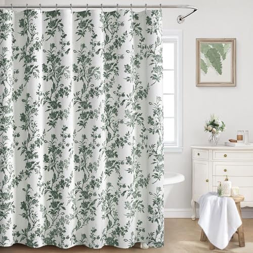 Green Floral Shower Curtain,Vintage Cotton Cottagecore Shower Curtains for Bathroom, 72" W x 72" L