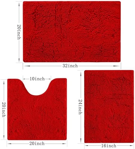 Bathroom Rugs Sets 3 Piece Non Slip,Bath Rugs with PVC Backing Bath Carpet,Bathroom Rug Washable,Absorbent,Plush Carpet Mats,Bath Mats for Bedroom, Kitchen,Tub,Home Decor(Red)