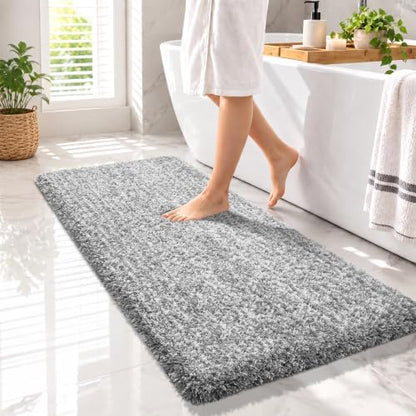 Yimobra Luxury Bathroom Rugs, Fluffy Bath Mats, Non Slip, Water Absorbent Microfiber, Machine Washable, Plush Runner Shower Rugs, Thick Matts for Bathroom Floor&Tub, 56" X 24", Light Gray and White