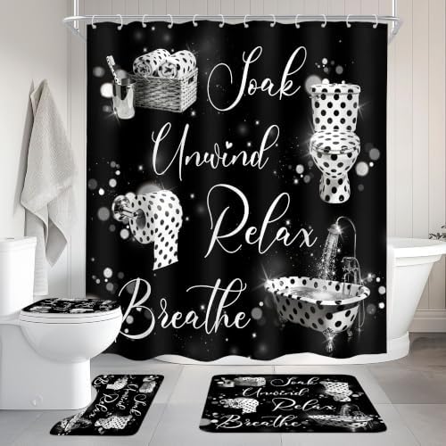 Polka Dot Fashion Funny Quotes 4Pcs Bathroom Shower Curtain Set with Rugs