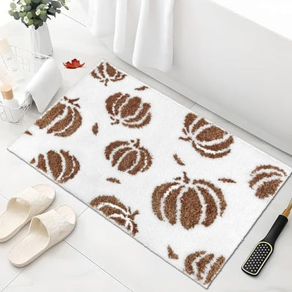 APROPHIC Fall Pumpkin Bath Mats for Bathroom, Thanksgving Super Absorbent Non-Slip Microfiber Shaggy Bath Rugs, Autumn Bathroom Mat for Shower, Tub, Sink, Decor, Machine Washable, 17x24 in, Brown