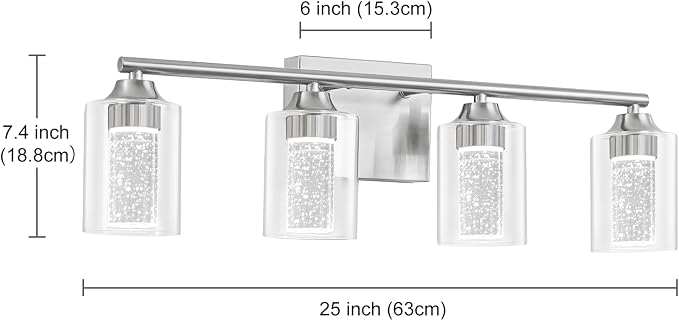 4-Light Brushed Nickel Bathroom Vanity Light with 3 Color Modes (3000K/4000K/6000K), Dimmable Modern Wall Light Over Mirror with Clear Glass Shade