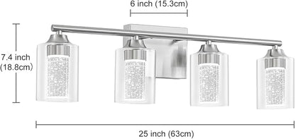 4-Light Brushed Nickel Bathroom Vanity Light with 3 Color Modes (3000K/4000K/6000K), Dimmable Modern Wall Light Over Mirror with Clear Glass Shade