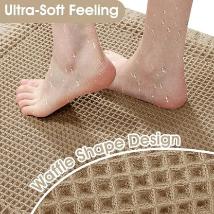 Upgraded Waffle Bath Mat Set 2 Piece Beige-Bordered, Super Absorbent Non-Slip Quick Dry Bathroom Rugs with Tassels, Machine Washable Ultra Soft Boho Bath Rugs for Floor, Bath Mats Boho Farmhouse Decor