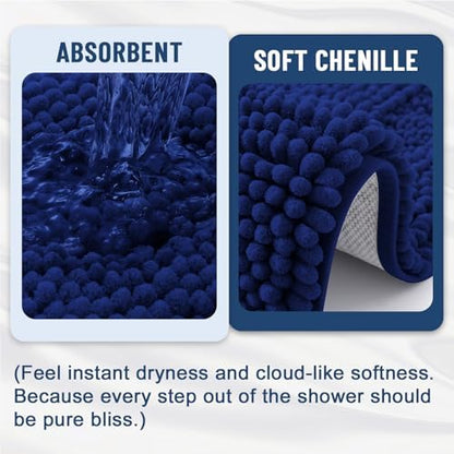 Grandaily Chenille Striped Bathroom Rugs 36x24, Extra Thick and Soft Absorbent Bath Mats, Rubber Backing, Plush Shaggy Shower Carpet, Machine Wash Dry, Bath Rug for Bathroom, Navy Blue